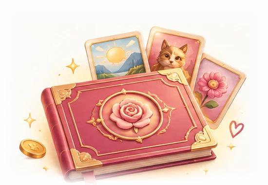 A rose-covered keepsake album with picture cards tucked behind it