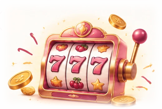 A pink and gold slot machine showing 777, with coins around it