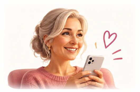 A smiling woman in a pink sweater relaxing in an armchair with her phone