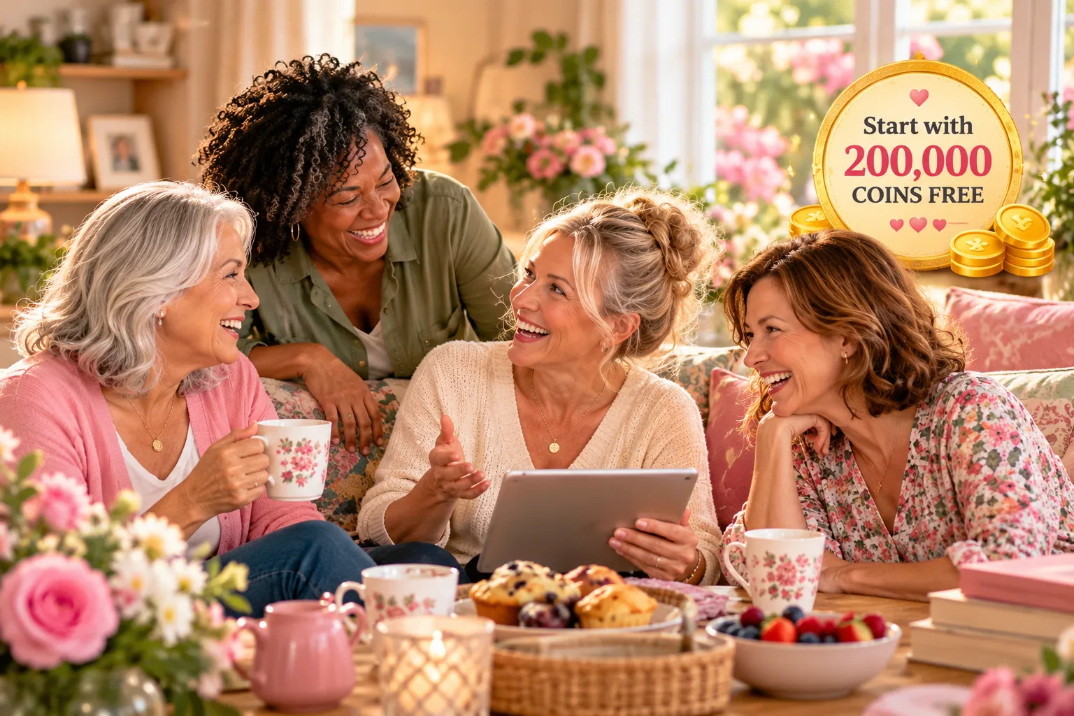 Four women aged 50–70 laughing together in a sunny living room over tea, muffins and a tablet, with a badge reading Start with 200,000 coins free