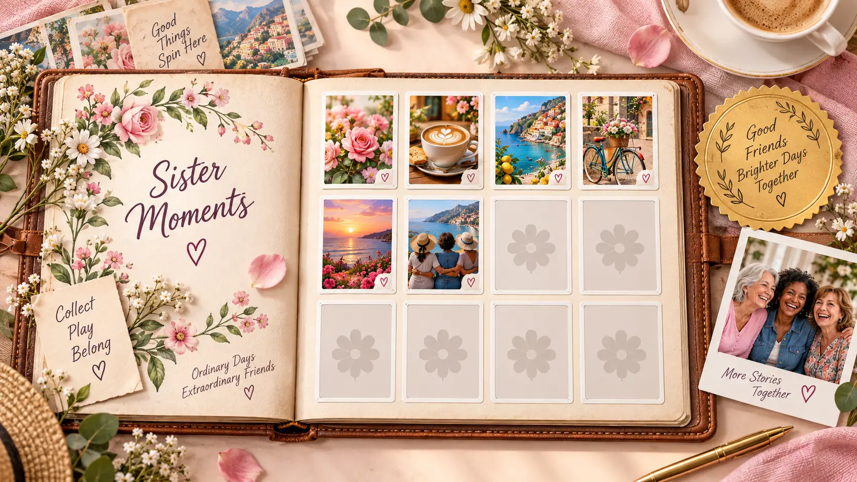 An open keepsake album titled Sister Moments, its pages filled with photo-style cards of flowers, coffee, coastal towns and friends together